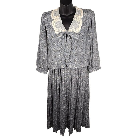 VTG 80s Paisley Cottage Core Prairie Lace Neckline Midi Dress Pleated Women’s 10 - Picture 1 of 16
